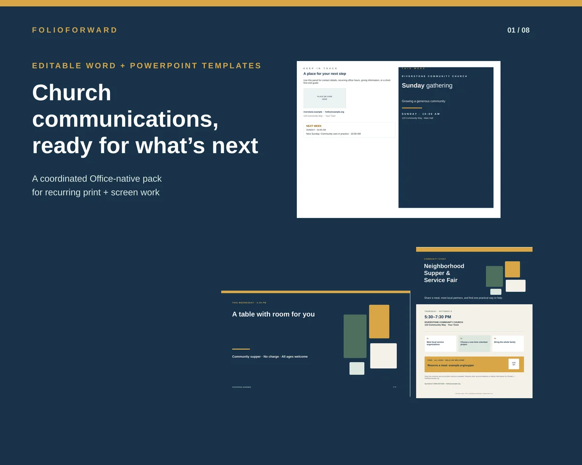 Preview of FolioForward bulletin, event flyer, and church announcement slide templates