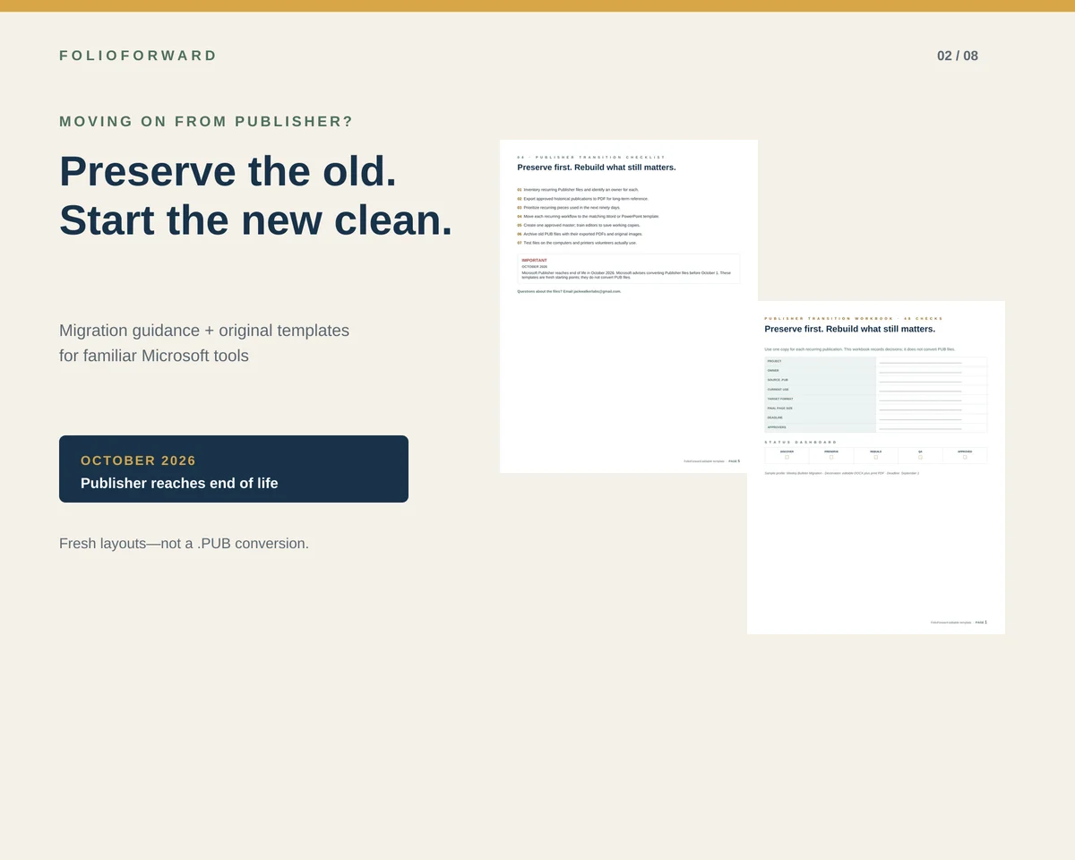 FolioForward Publisher transition guide and workbook page previews