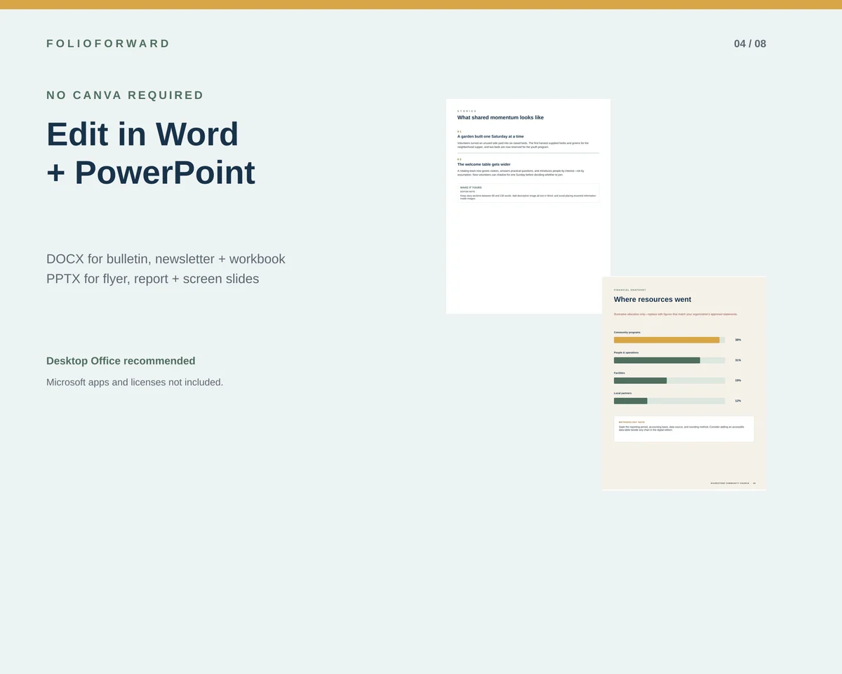 FolioForward Word church newsletter and PowerPoint annual report previews
