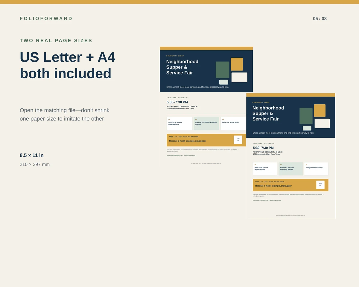 US Letter and A4 event flyer versions shown side by side