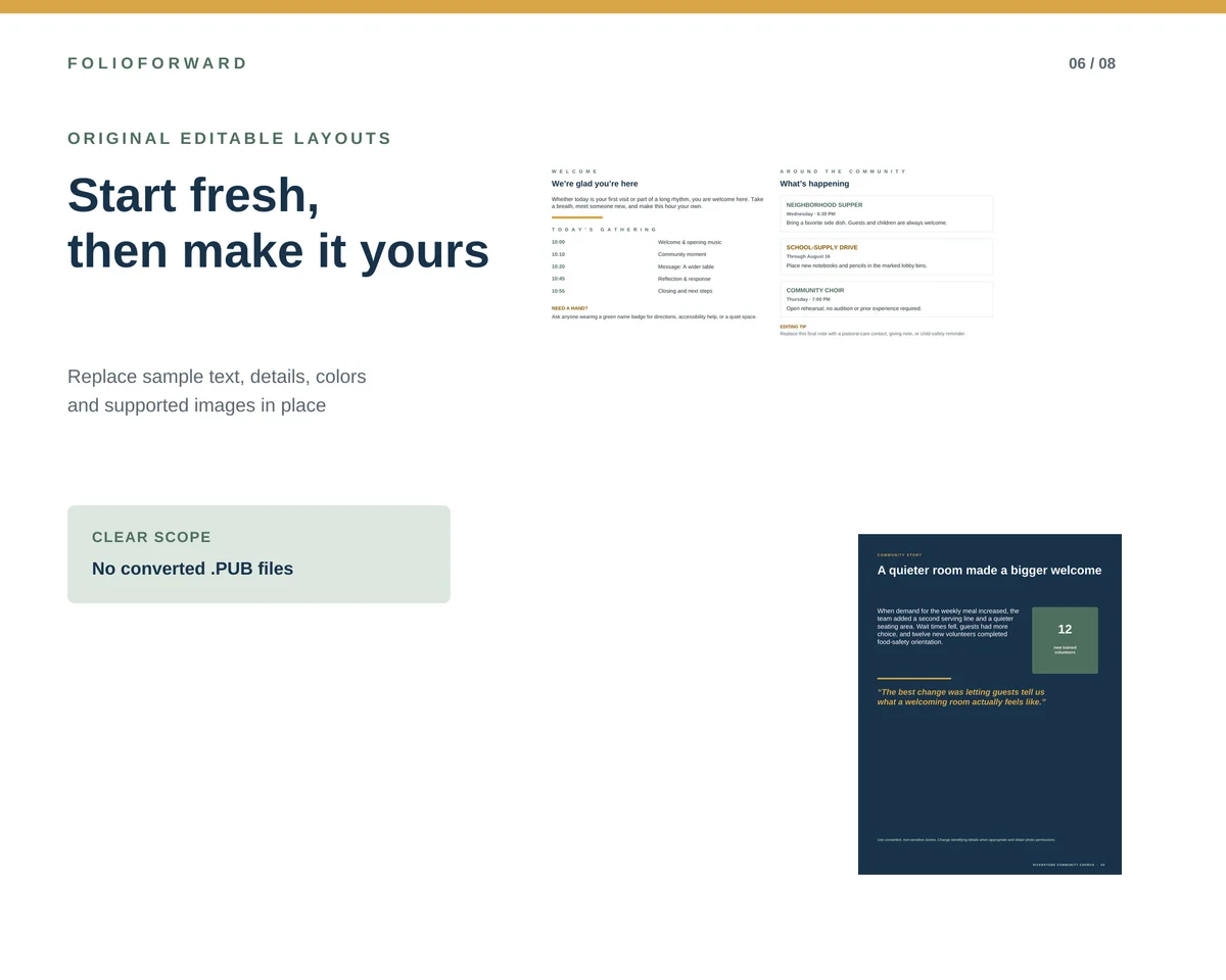 FolioForward editable church bulletin interior and annual-report page preview